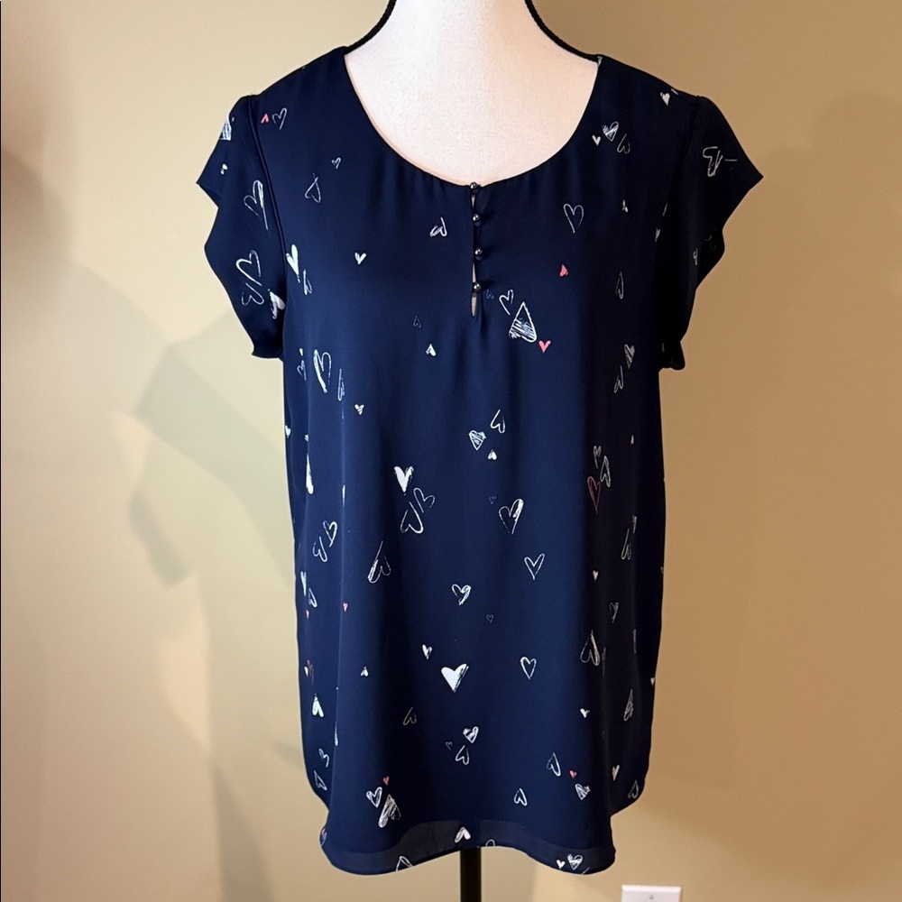 Reitmans Blouse Navy Heart Print Women's Top Size L